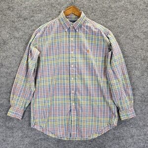Ralph Lauren Shirt Men's Medium Blue Yellow Orange Plaid Long Sleeve Button Up